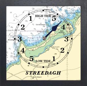 yellow and green nautical chart of streedagh beach being used for a tide clock face