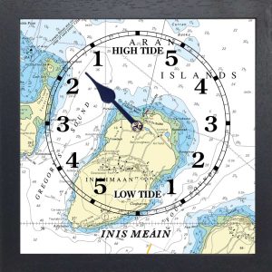 nautical chart tide clock of inis meain in a black frame