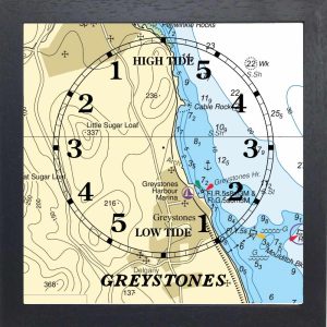 Picture of a tide clock featuring a maritime chart of Greystones and the local area